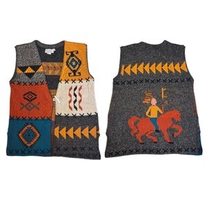 Vintage Cotton Sweater Loft Vest Aztec Country Western Cowboy‎ Horse Medium USA